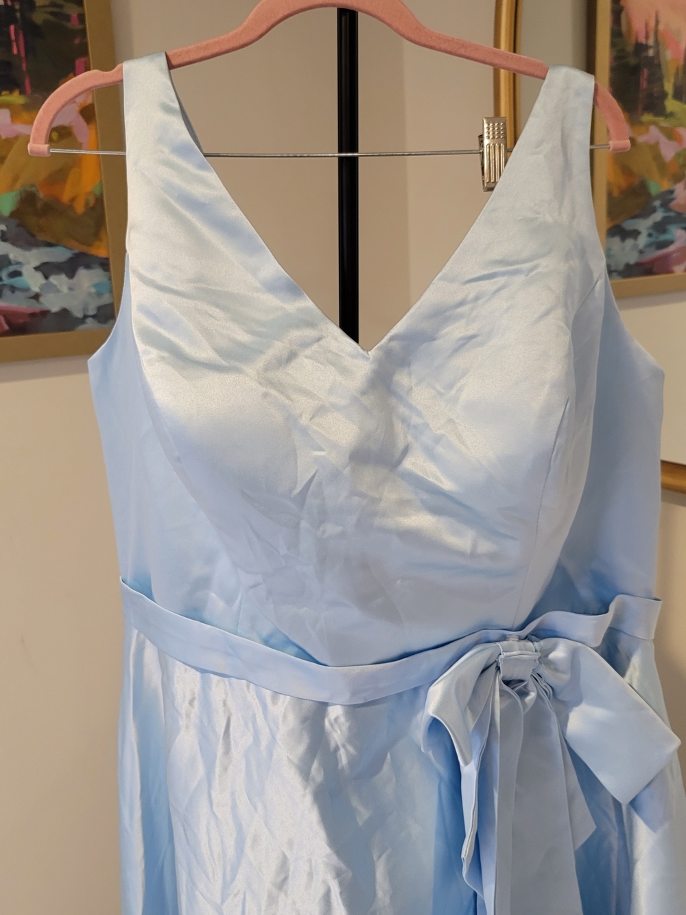 NWT MISS VEIL V Neck Satin Light Blue Gown Corseted Waist Tie Size 16 - Picture 3 of 12